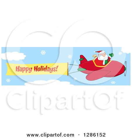 Clipart of Santa Claus Waving and Flying a Christmas Plane with a Happy Holidays Aerial Banner in a Snowy Sky - Royalty Free Vector Illustration by Hit Toon