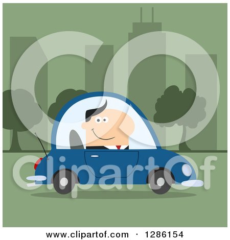 Clipart of a Modern Flat Design of a Happy White Businessman Commuting and Driving to Work in a Blue Car in a Green City - Royalty Free Vector Illustration by Hit Toon