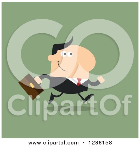 Clipart of a Modern Flat Design of a Happy White Businessman Running to Work over Green - Royalty Free Vector Illustration by Hit Toon