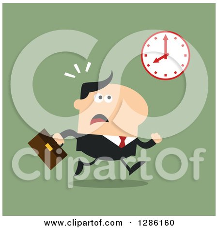 Clipart of a Modern Flat Design of a White Businessman Running Late and Glancing at a Clock over Green - Royalty Free Vector Illustration by Hit Toon