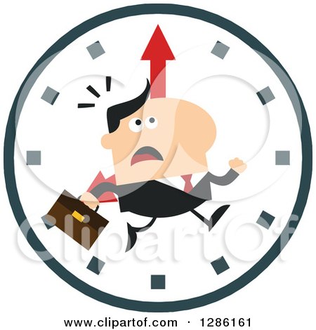 Clipart of a Modern Flat Design of a White Businessman Running Late over a Clock - Royalty Free Vector Illustration by Hit Toon