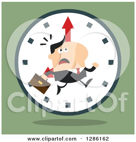 Clipart of a Modern Flat Design of a White Businessman Running Late over a Clock over Green - Royalty Free Vector Illustration by Hit Toon