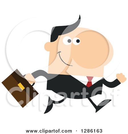 Clipart of a Modern Flat Design of a Happy White Businessman Running to Work - Royalty Free Vector Illustration by Hit Toon