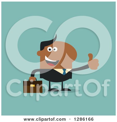 Clipart of a Modern Flat Design of a Happy Black Businessman Holding a Thumb up over Blue - Royalty Free Vector Illustration by Hit Toon