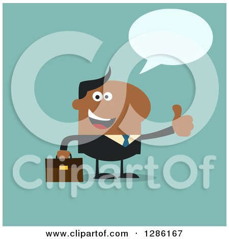 Clipart of a Modern Flat Design of a Talking Happy Black Businessman Holding a Thumb up over Blue - Royalty Free Vector Illustration by Hit Toon