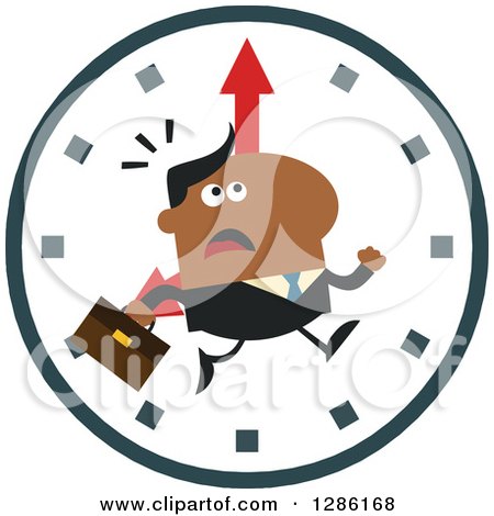 Clipart of a Modern Flat Design of a Black Businessman Running Late over a Clock - Royalty Free Vector Illustration by Hit Toon
