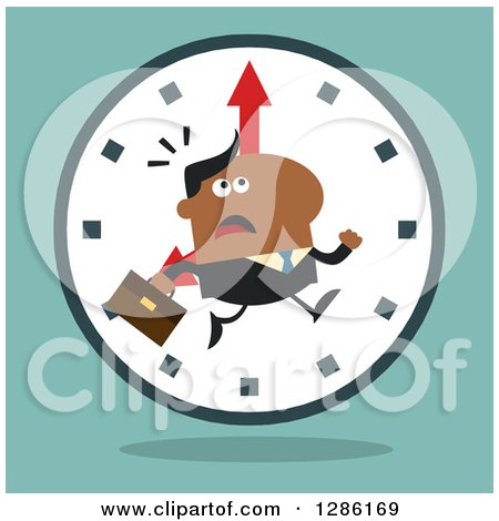 Clipart of a Modern Flat Design of a Black Businessman Running Late over a Clock over Blue - Royalty Free Vector Illustration by Hit Toon