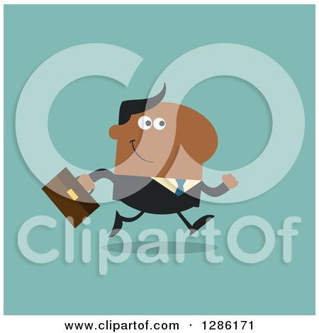 Clipart of a Modern Flat Design of a Happy White Businessman Running to Work over Blue - Royalty Free Vector Illustration by Hit Toon