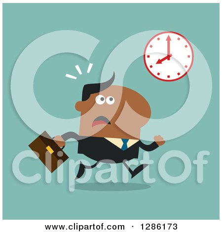 Clipart of a Modern Flat Design of a Black Businessman Running Late and Glancing at a Clock over Blue - Royalty Free Vector Illustration by Hit Toon