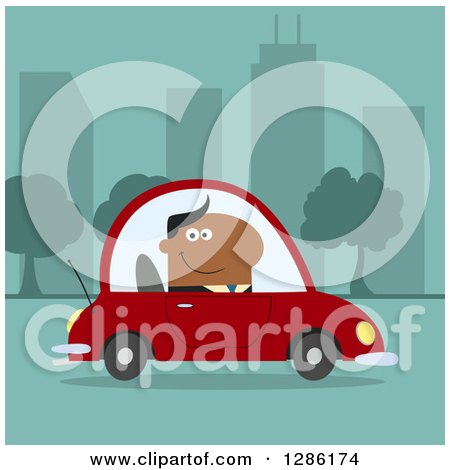 Clipart of a Modern Flat Design of a Happy Black Businessman Commuting and Driving to Work in a Red Car in a Blue City - Royalty Free Vector Illustration by Hit Toon