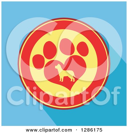Clipart of a Modern Flat Design of a Red and Yellow Circle of a Silhouetted Dog in a Heart Shaped Paw Print over Blue with Shadows - Royalty Free Vector Illustration by Hit Toon