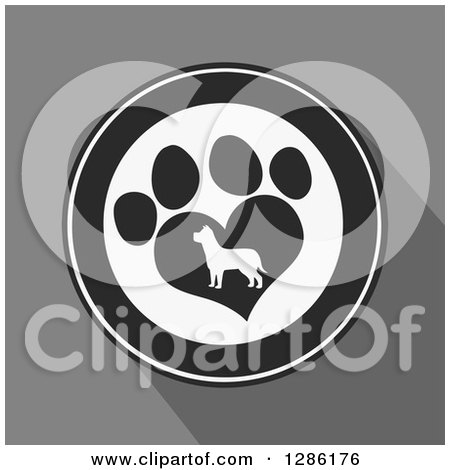 Clipart of a Modern Flat Design of a Black and White Circle of a Silhouetted Dog in a Heart Shaped Paw Print over Gray with Shadows - Royalty Free Vector Illustration by Hit Toon