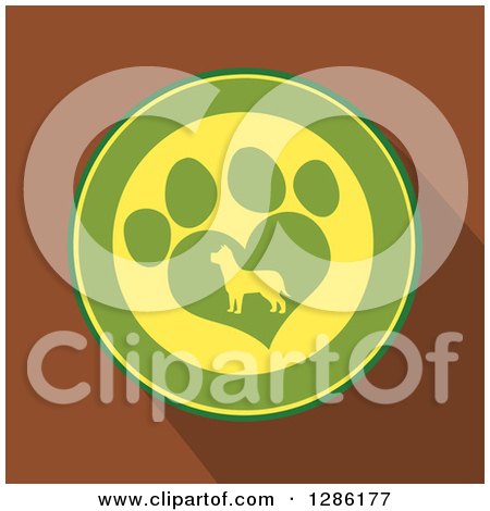 Clipart of a Modern Flat Design of a Green and Yellow Circle of a Silhouetted Dog in a Heart Shaped Paw Print over Brown with Shadows - Royalty Free Vector Illustration by Hit Toon