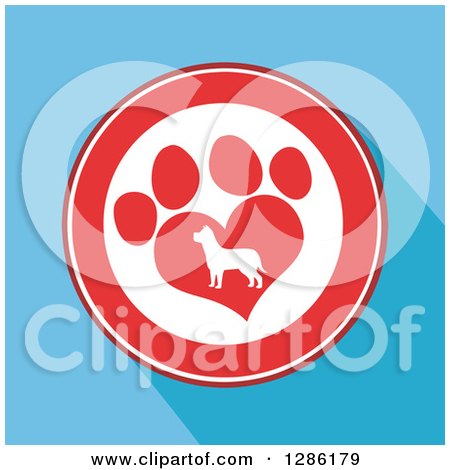 Clipart of a Modern Flat Design of a Red and White Circle of a Silhouetted Dog in a Heart Shaped Paw Print over Blue with Shadows - Royalty Free Vector Illustration by Hit Toon