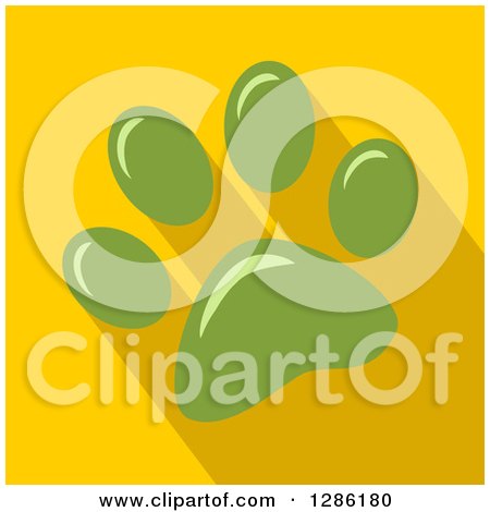 Clipart of a Modern Flat Design of a Green Pet Paw Print and Shadows on Yellow - Royalty Free Vector Illustration by Hit Toon