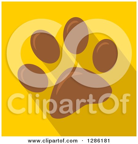 Clipart of a Modern Flat Design of a Brown Pet Paw Print and Shadows on Yellow - Royalty Free Vector Illustration by Hit Toon