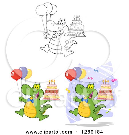 Clipart of Cartoon Alligators or Crocodiles Jumping with Birthday Cakes and Party Balloons - Royalty Free Vector Illustration by Hit Toon