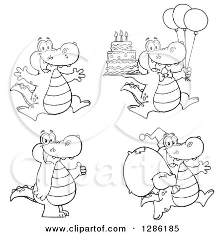 Clipart of Black and White Cartoon Alligators or Crocodiles Jumping, Holding Birthday Cake, Thumb up and Santa - Royalty Free Vector Illustration by Hit Toon