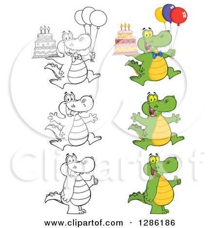Clipart of Cartoon Alligators or Crocodiles Giving Thumbs Up, Jumping and Holding Birthday Cakes - Royalty Free Vector Illustration by Hit Toon