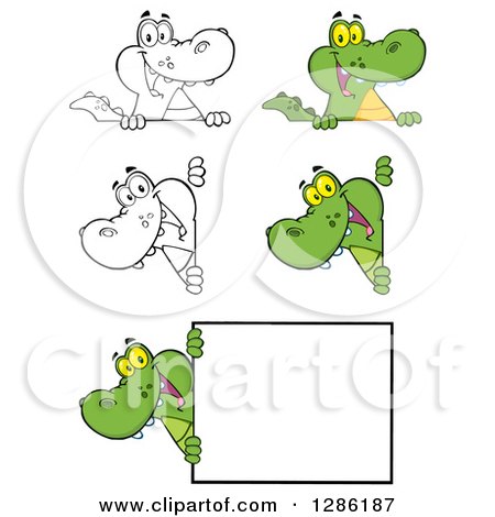 Clipart of Cartoon Alligators or Crocodiles Looking Around and over Signs - Royalty Free Vector Illustration by Hit Toon
