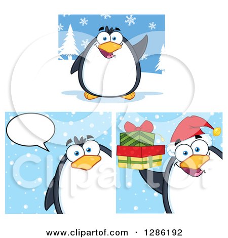 Clipart of a Cartoon Penguins with Snow, Talking and Holding Christmas Gifts - Royalty Free Vector Illustration by Hit Toon