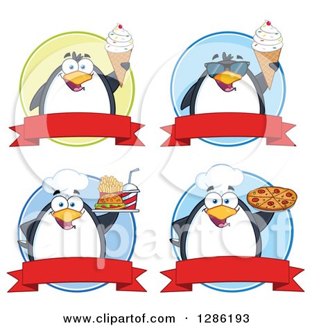 Clipart of a Cartoon Penguins with Ice Cream, Pizza and Fast Food on Labels - Royalty Free Vector Illustration by Hit Toon