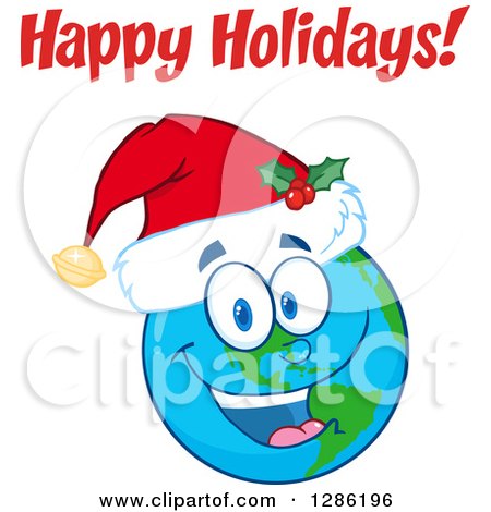 Clipart of a Smiling Earth Globe Character Wearing a Christmas Santa Hat Under Happy Holidays Text - Royalty Free Vector Illustration by Hit Toon