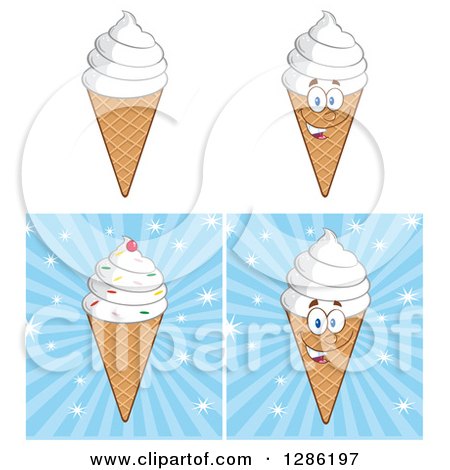 Clipart of Cartoon Waffle Ice Cream Cones and Characters on White and Blue Rays - Royalty Free Vector Illustration by Hit Toon