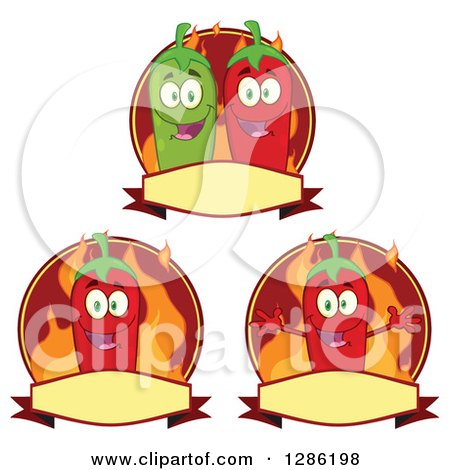 Clipart of Happy Green and Red Chili Peppers and Flames Labels - Royalty Free Vector Illustration by Hit Toon