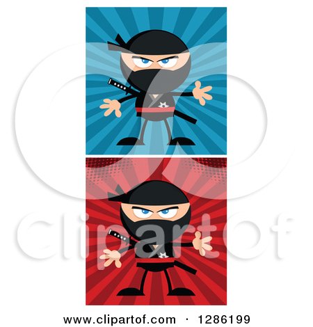 Clipart of Cartoon Ninja Warriors over Blue and Red Rays - Royalty Free Vector Illustration by Hit Toon