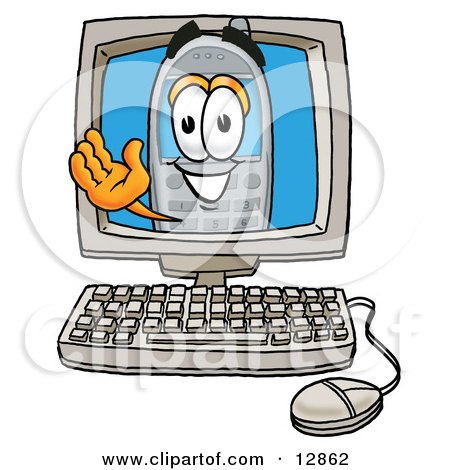 Clipart Picture of a Wireless Cellular Telephone Mascot Cartoon Character Waving From Inside a Computer Screen by Mascot Junction