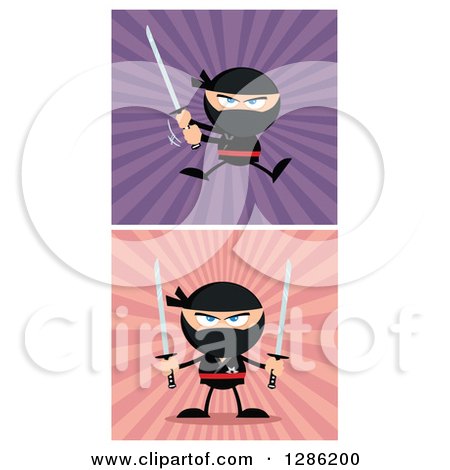 Clipart of Cartoon Ninja Warriors Fighting with Katana Swords over Pink and Purple Rays - Royalty Free Vector Illustration by Hit Toon