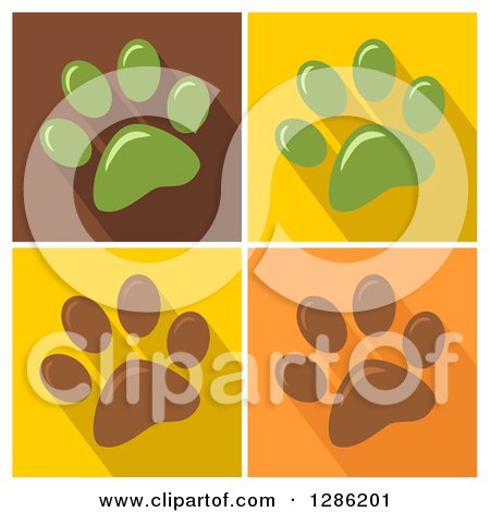 Clipart of Modern Flat Designs of Green and Brown Pet Paw Prints and Shadows on Different Colored Tiles - Royalty Free Vector Illustration by Hit Toon
