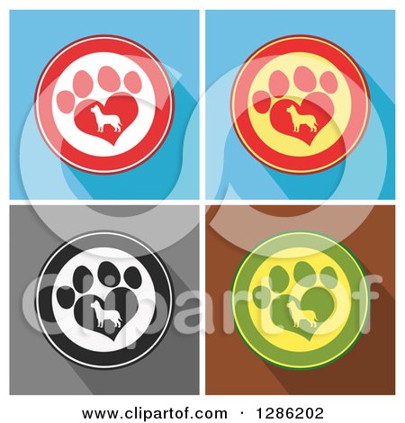 Clipart of Modern Flat Designs of Circles of Silhouetted Dogs in Heart Shaped Paw Prints over Colorful Tiles with Shadows - Royalty Free Vector Illustration by Hit Toon