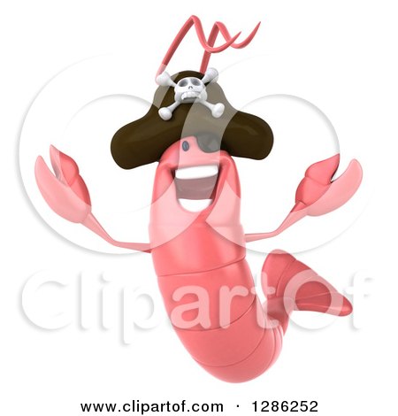 Clipart of a 3d Pink Shrimp Pirate Jumping - Royalty Free Illustration by Julos