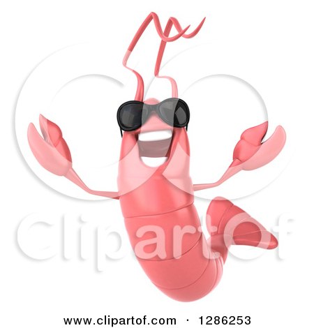 Clipart of a 3d Pink Shrimp Wearing Sunglasses and Jumping - Royalty Free Illustration by Julos