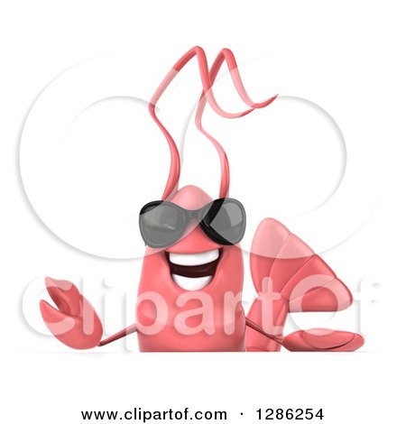 Clipart of a 3d Happy Pink Shrimp Wearing Sunglasses over a Sign - Royalty Free Illustration by Julos