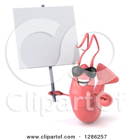 Clipart of a 3d Pink Shrimp Wearing Sunglasses and Holding a Blank Sign - Royalty Free Illustration by Julos