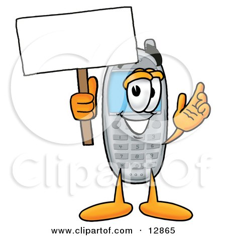 Clipart Picture of a Wireless Cellular Telephone Mascot Cartoon Character Holding a Blank Sign by Mascot Junction