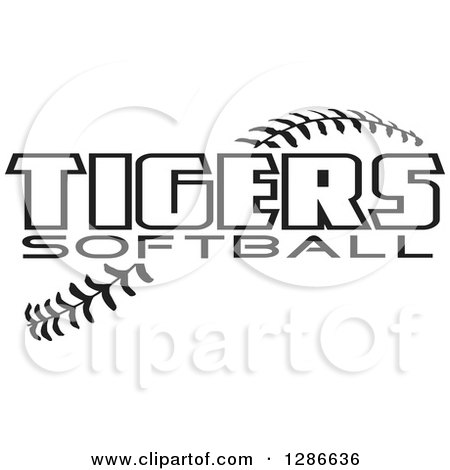 Clipart of Black and White TIGERS SOFTBALL Text over Stitches - Royalty Free Vector Illustration by Johnny Sajem