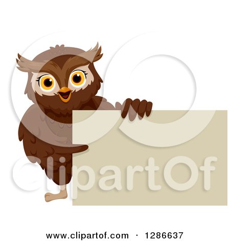 Clipart of a Happy Brown Owl Pointing to and Holding a Blank Sign Board - Royalty Free Vector Illustration by BNP Design Studio