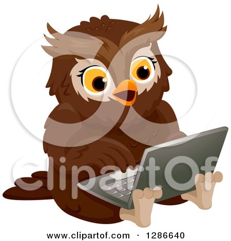 Clipart of a Brown Owl Sitting on the Floor and Using a Laptop Computer - Royalty Free Vector Illustration by BNP Design Studio