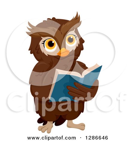 Clipart of a Brown Owl Thinking and Reading a Book - Royalty Free Vector Illustration by BNP Design Studio