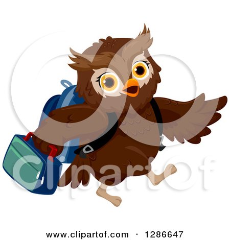 Clipart of a Brown Owl Student Walking to School and Carrying a Lunch Box - Royalty Free Vector Illustration by BNP Design Studio