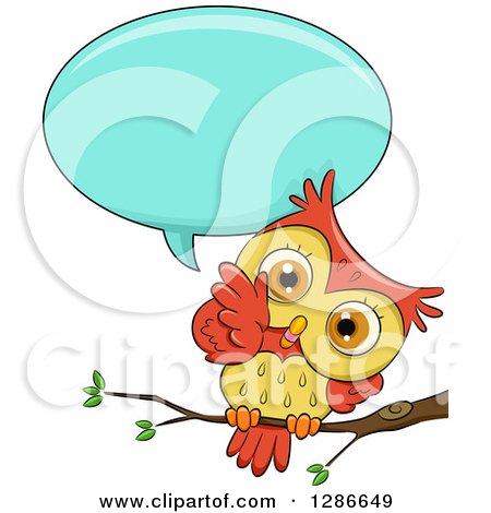 Clipart of a Cute Orange and Yellow Owl Perched on a Branch, Talking and Tilting His Head - Royalty Free Vector Illustration by BNP Design Studio