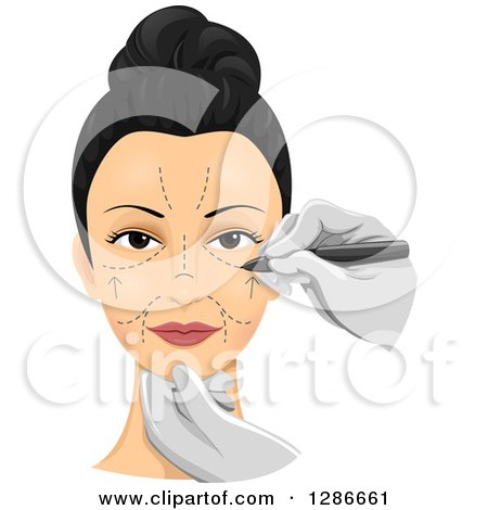 Clipart of a Surgeon's Hands Drawing Incision Marks on a Woman's Face - Royalty Free Vector Illustration by BNP Design Studio