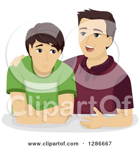 Clipart of a Father Trying to Comfort His Sad Caucasian Son - Royalty Free Vector Illustration by BNP Design Studio