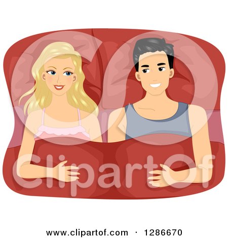 Clipart of a Happy Blond White Woman and Asian Man in Bed Together - Royalty Free Vector Illustration by BNP Design Studio