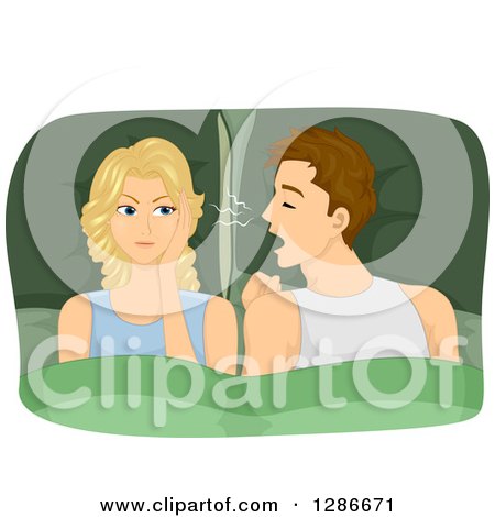 Clipart of a Brunette White Man Snoring into a Blond Woman's Ear - Royalty Free Vector Illustration by BNP Design Studio