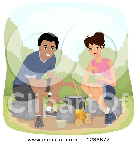 Clipart of a Happy Brunette White Woman and Black Man Couple Cooking over a Campfire - Royalty Free Vector Illustration by BNP Design Studio